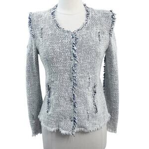 IRO Agnette Frayed Distressed Tweed Jacket White Blue Medium